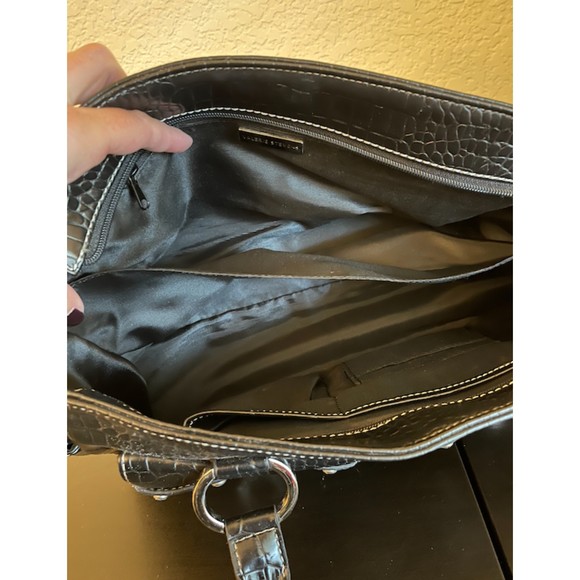 Valerie Stevens Bling Rhinestone Faux Croc Embossed Black Satchel Bag - Picture 11 of 13